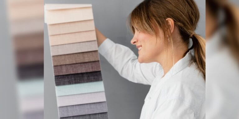 Blog 2 A woman with light brown hair is holding up and looking at a vertical display of color for residential painting. The swatches range from light beige at the top to dark grey at the bottom.
