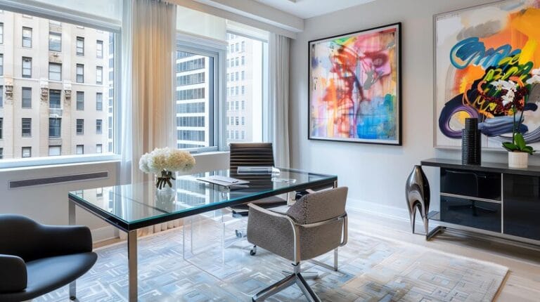 modern office with large glass desk comfortable leather chair colorful abstract painting wall 36682 171632