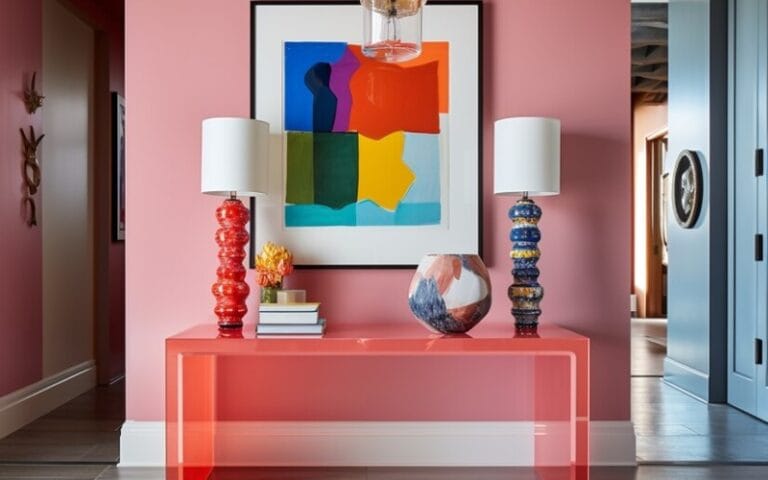 Blog 16 A modern living room with pink walls features a large abstract colorful painting. A pink console holds two patterned lamps, a stack of books, and a round decorative vase.