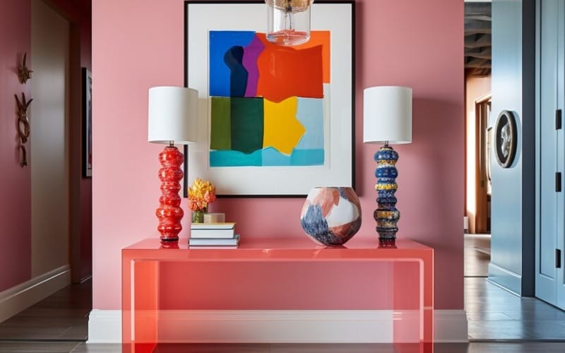 A modern living room with pink walls features a large abstract colorful painting. A pink console holds two patterned lamps, a stack of books, and a round decorative vase.