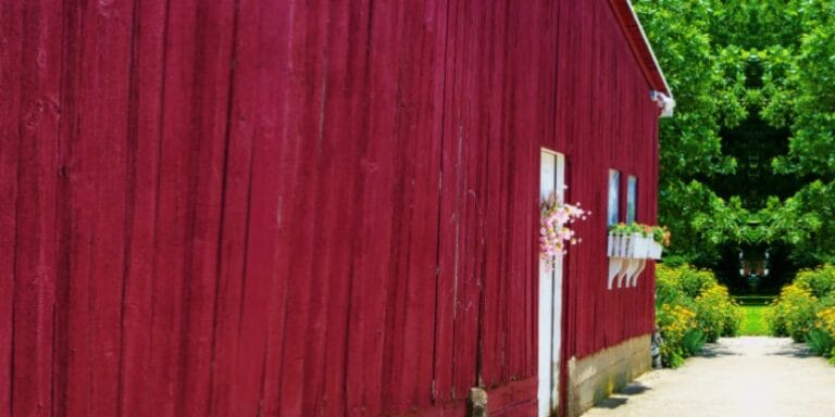 Blog 15 A red wooden barn with white trim, all enhanced with Colorbond painting for added durability.