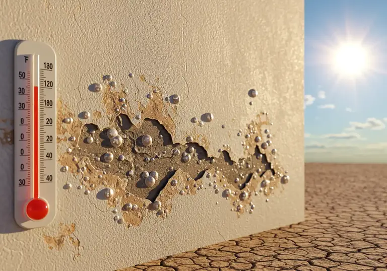 How to Prevent Paint Blistering and Bubbling in Hot Weather 1 Paint blistering and bubbling on a wall surface in hot weather, with a thermometer and cracked dry ground under intense sunlight.