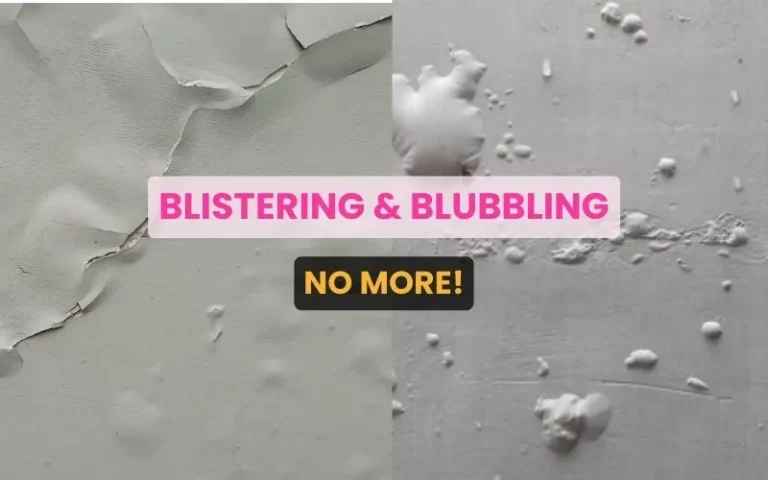 Side-by-side images of paint blistering and bubbling on a wall, showing issues and how to prevent them in hot weather.