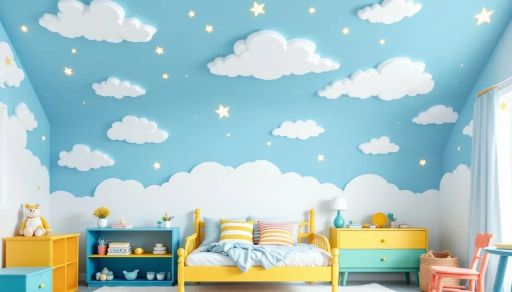 A whimsical children's bedroom with a sky-themed design. The ceiling and walls are painted light blue with white clouds and yellow stars, creating a dreamy atmosphere. The room features a yellow bed with blue and white striped bedding, a yellow and blue dresser, a blue bookshelf, a yellow nightstand, and various toys and decorations, such as a teddy bear and books.