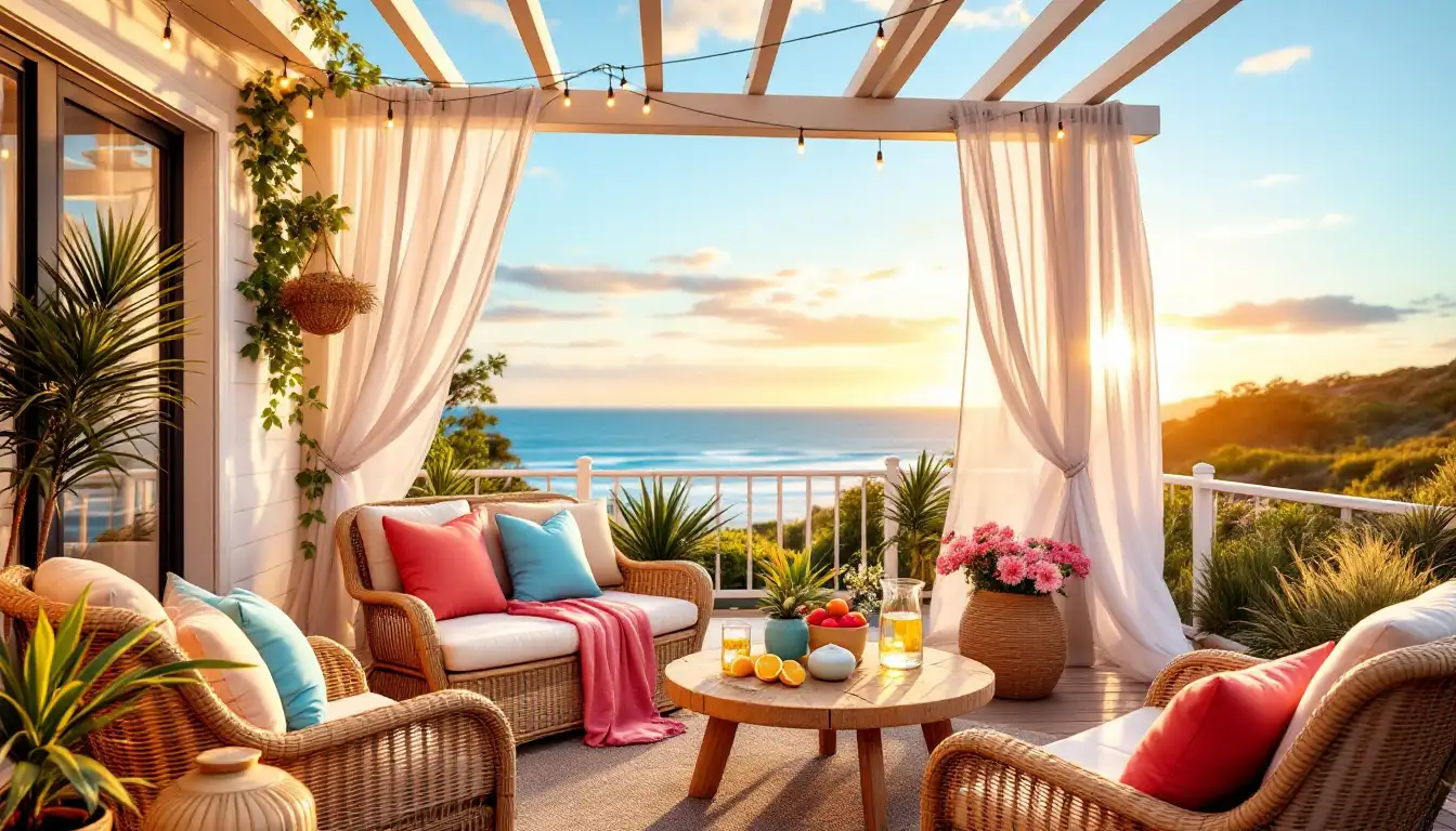 A beautifully decorated summer patio with wicker furniture featuring cushions in coral, turquoise, and white, a round table with a pitcher of lemonade, and a stunning ocean sunset view.