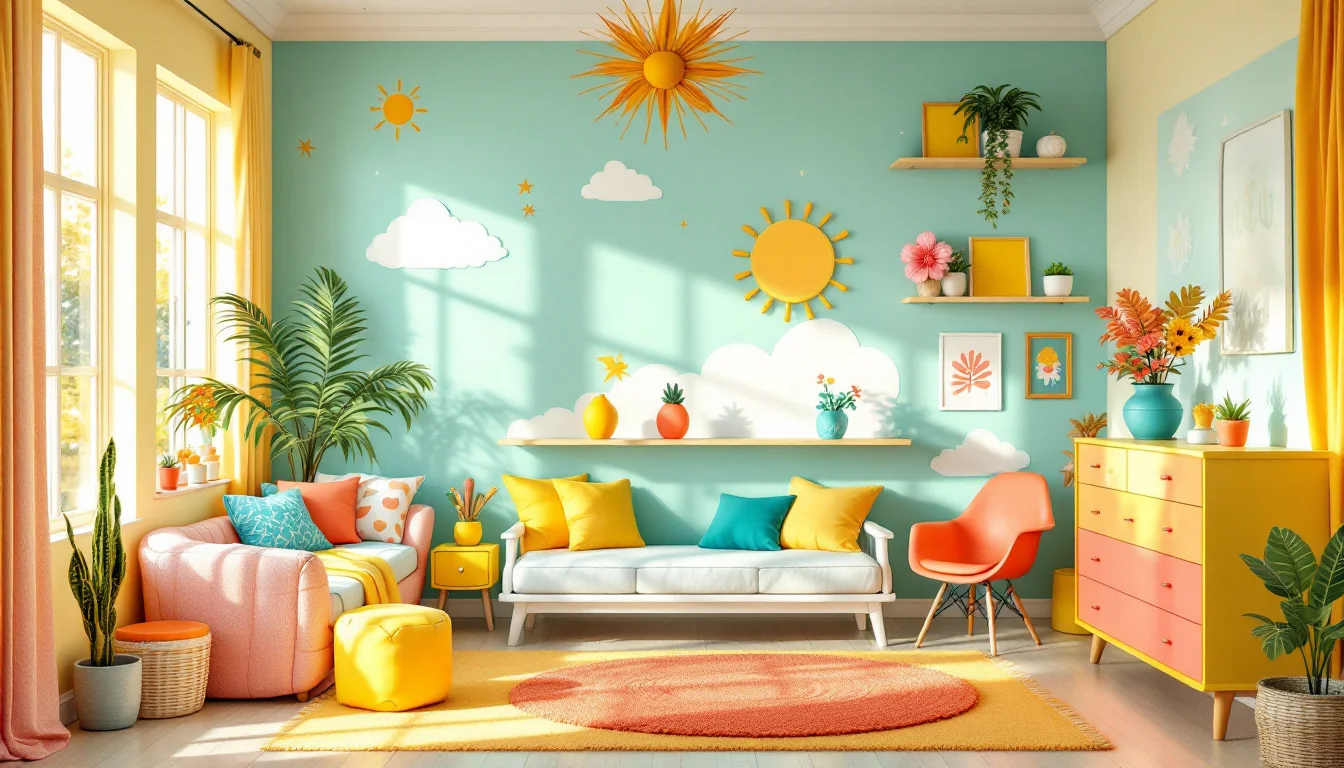 A brightly colored, summer-themed kid's room with light blue walls adorned with sun, cloud, and star decorations. The room features a white sofa with colorful cushions, a pink armchair, a yellow ottoman, an orange chair, and potted plants, creating a cheerful and lively atmosphere.