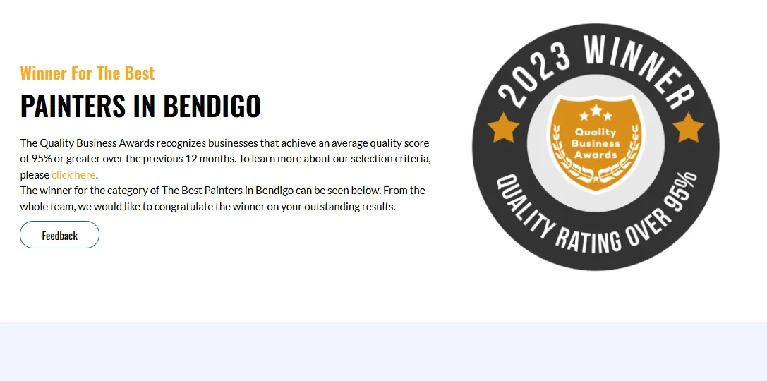The Quality Business Awards announcement for 2023 Winner Best Painters in Bendigo, featuring a badge with a quality rating of over 95%.