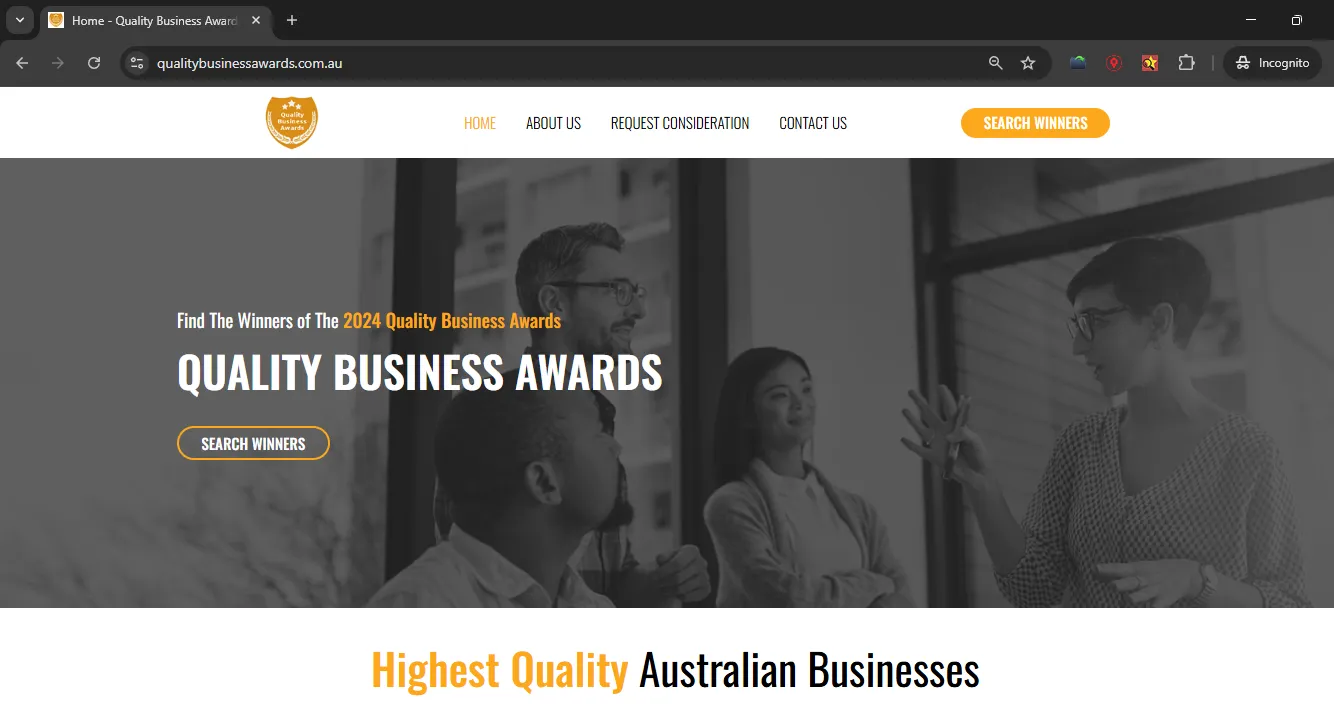 The homepage of Quality Business Awards website featuring navigation links, a search winners button, and a banner with "Find The Winners of The 2024 Quality Business Awards."