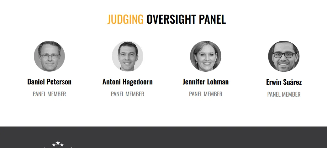 Judging Oversight Panel with four members: Daniel Peterson, Antoni Hagedoorn, Jennifer Lohman, and Erwin Suárez, each with a circular photo and title.