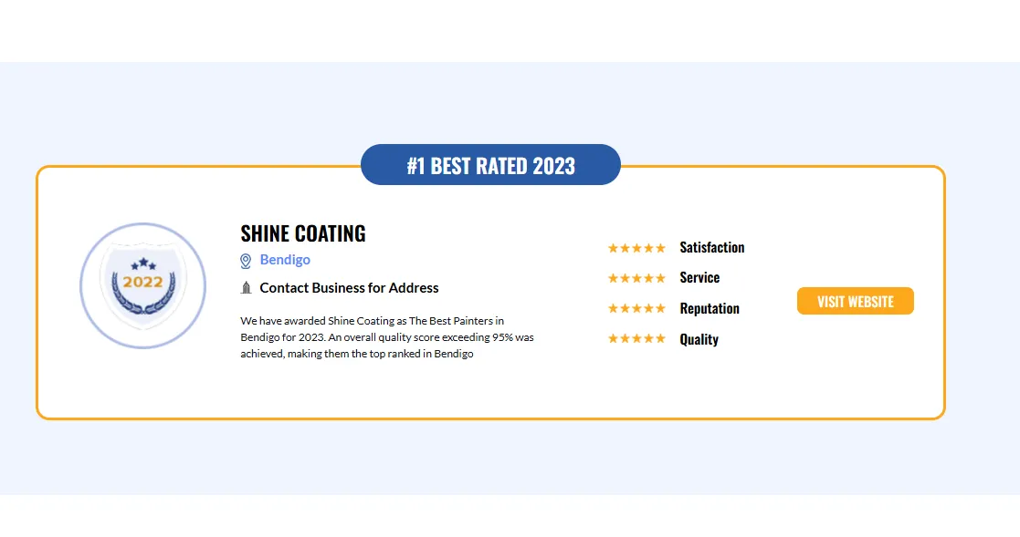 Shine Coating awarded as the best painters in Bendigo for 2023 with a badge indicating a previous award, a 5-star rating system, and a call-to-action button for more information.