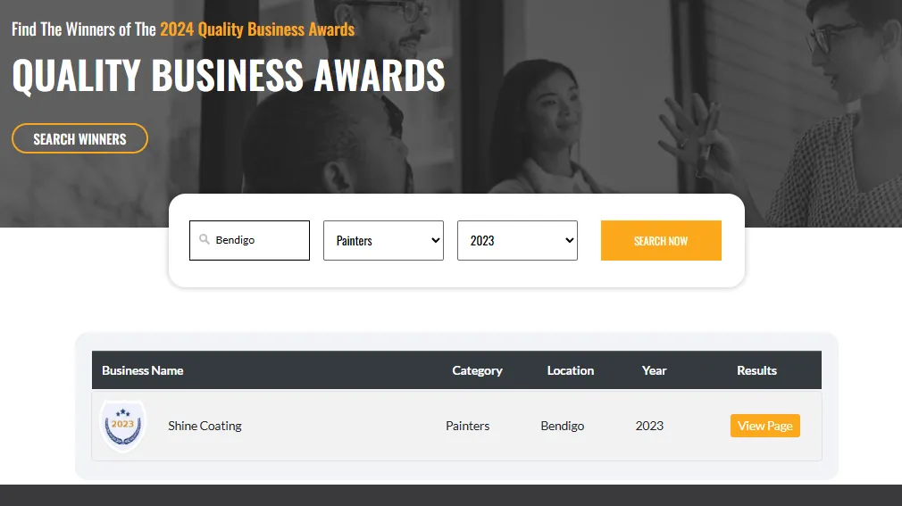 A webpage section titled "TOP OF CLASS HIGHEST QUALITY BUSINESSES" with a search interface to find Quality Business Awards winners by city, category, and year.