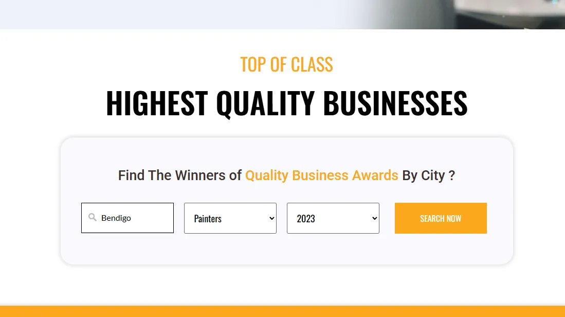 A webpage section titled "TOP OF CLASS HIGHEST QUALITY BUSINESSES" with a search interface to find Quality Business Awards winners by city, category, and year.