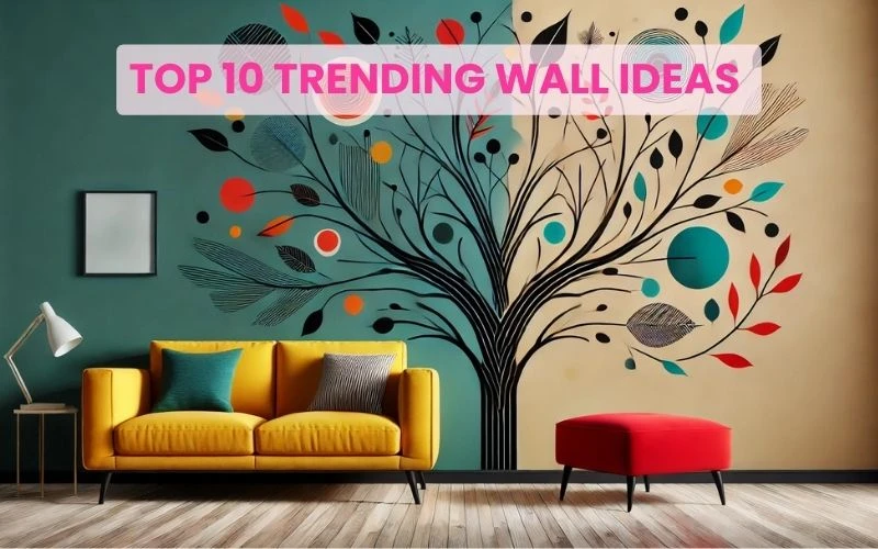10 Trending Wall Ideas to Transform Your Home in 2025 8 A colorful living room featuring a modern tree mural split between teal and beige walls, under the heading "Top 10 Trending Wall Ideas."