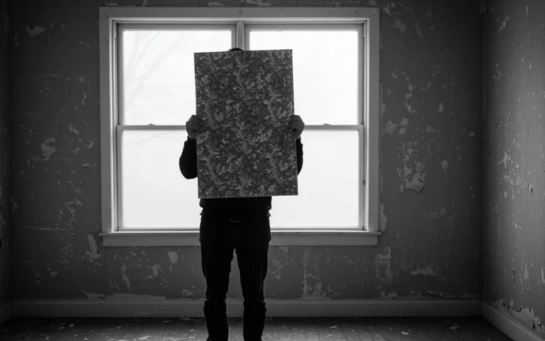 A person holding patterned wallpaper in front of their face in a worn-out room with peeling paint, illuminated by sunlight through a window. Heading: How Can I Refresh Faded Paint Caused by Summer Sun Exposure?