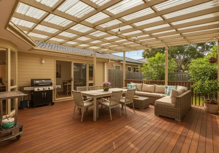 A well-maintained outdoor deck with a pergola, featuring wooden flooring, outdoor furniture including a dining table, chairs, a sofa set, and a barbecue grill. The pergola has a transparent roof, and potted plants are placed around the deck. The setting is clean and inviting for outdoor activities. Heading: Should I Repaint My Deck or Pergola to Protect It From Summer Weather?