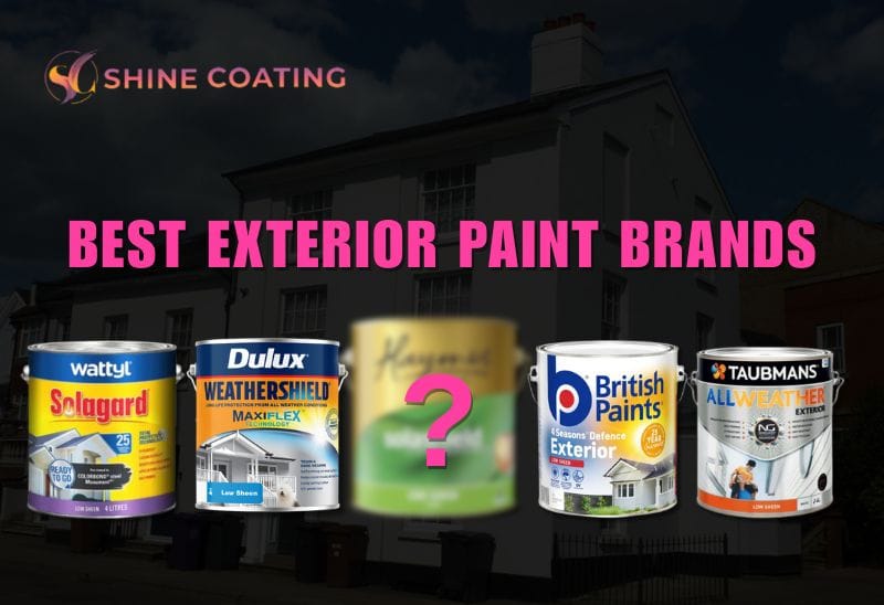 Best Exterior Paint Brands for Australian House 2 Lineup of top exterior paint brands for Australian houses, including Wattyl, Dulux, British Paints, Haymes, and Taubmans with Shine Coating branding.