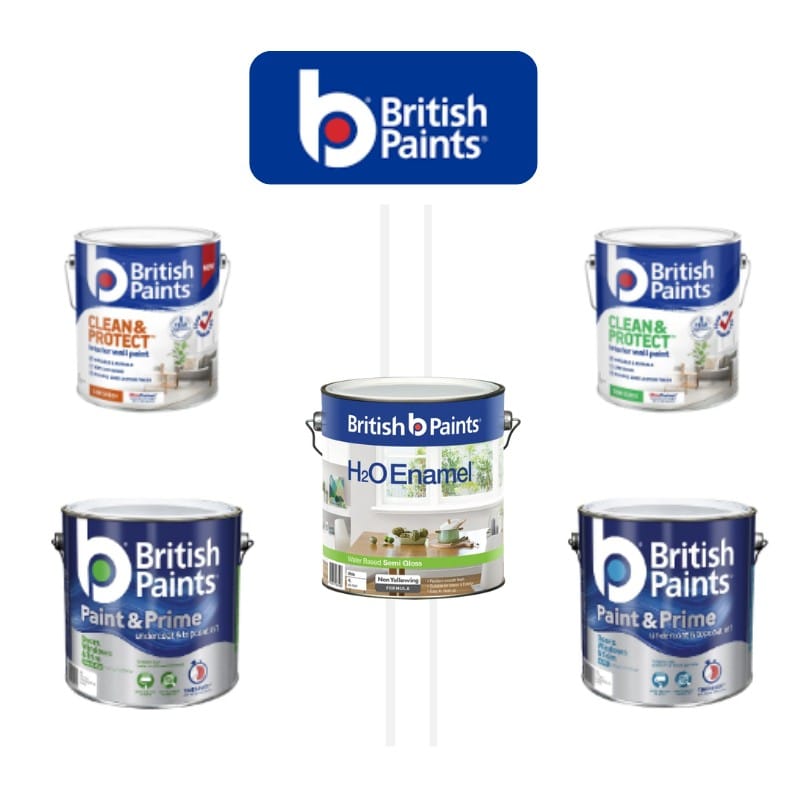 British Paints interior paint selection including Clean & Protect, H2O Enamel, and Paint & Prime 2-in-1 options, arranged in a circular display.