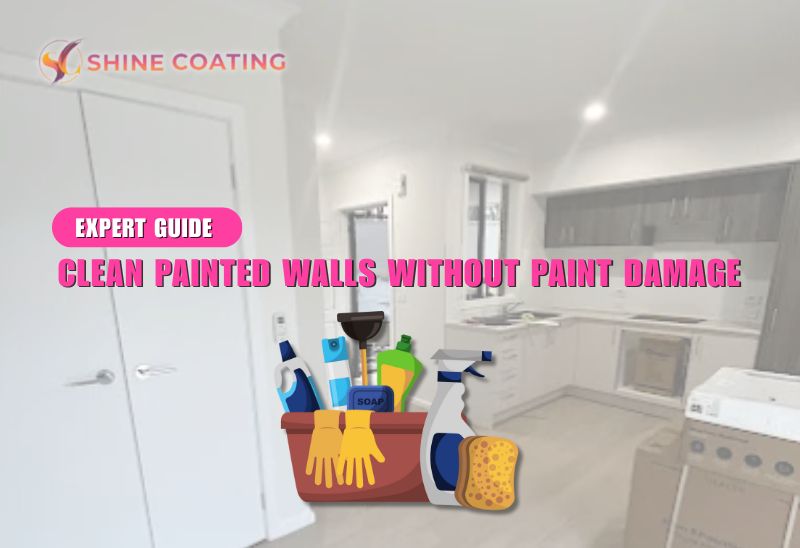 Expert Guide: How to Clean Painted Walls Without Paint Damage 1 Illustration of cleaning supplies in a kitchen setting with the heading “Clean Painted Walls Without Paint Damage” from Shine Coating.