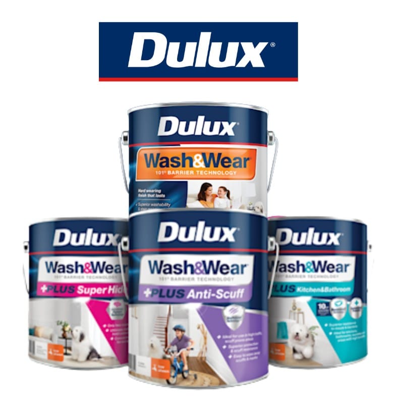 Dulux interior paints including Wash & Wear, Anti-Scuff, Super Hide, and Kitchen & Bathroom variants, designed for durability and easy maintenance.