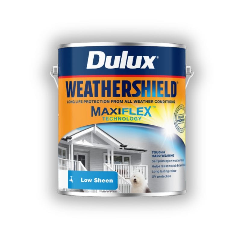 Best Paint Types to Resist Cracking in Extreme Summer Heat 4 Dulux Weathershield exterior paint can featuring Maxiflex technology, designed for Australian homes with long-lasting weather protection and low sheen finish.