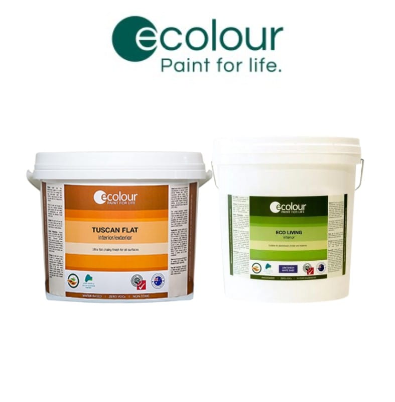 Ecolour interior paints featuring Tuscan Flat and Eco Living ranges in large buckets, highlighting zero-VOC and non-toxic eco-friendly formulas.