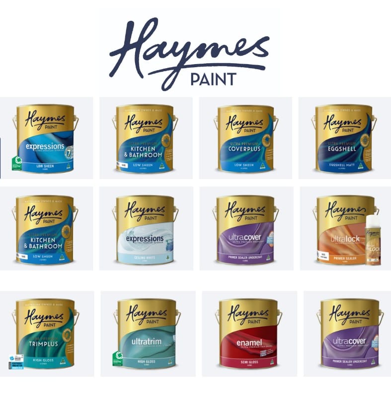 Full range of Haymes interior paints including Expressions, Kitchen & Bathroom, CoverPlus, Ultratrim, Ultracover, and enamel options, arranged in a grid layout.