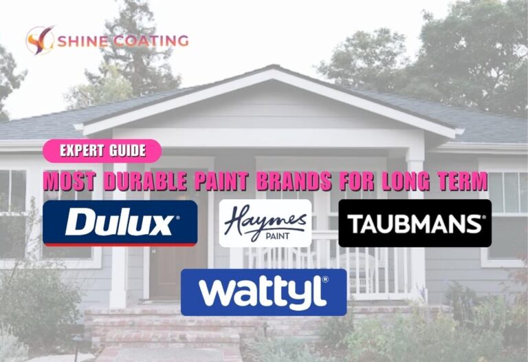Front view of an Australian home with a porch, featuring logos of most durable paint brands for long term: Dulux, Haymes, Taubmans, and Wattyl.