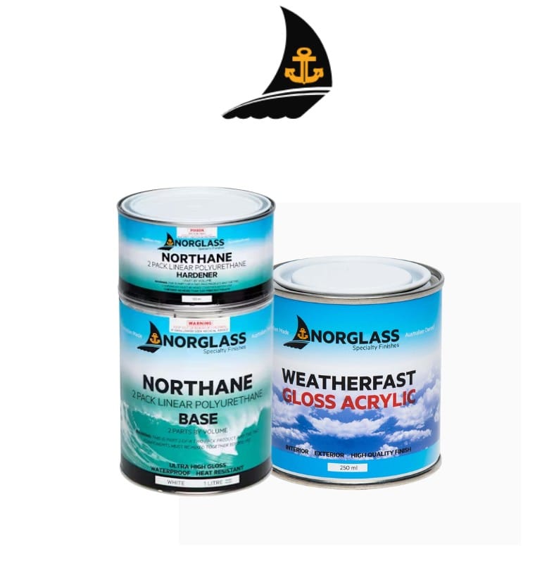 Norglass paint range including Northane polyurethane base and hardener, and Weatherfast Gloss Acrylic for interior and exterior use.