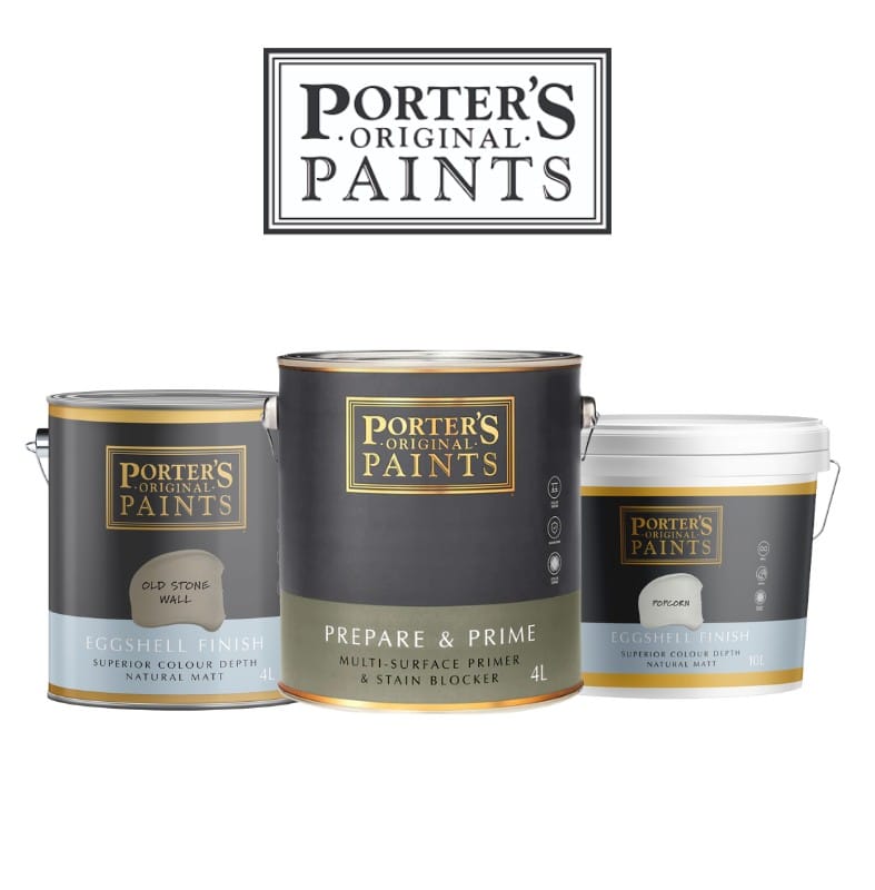 Porter's Paints interior products featuring Eggshell Finish in two tones and Prepare & Prime multi-surface primer in stylish, matte containers.