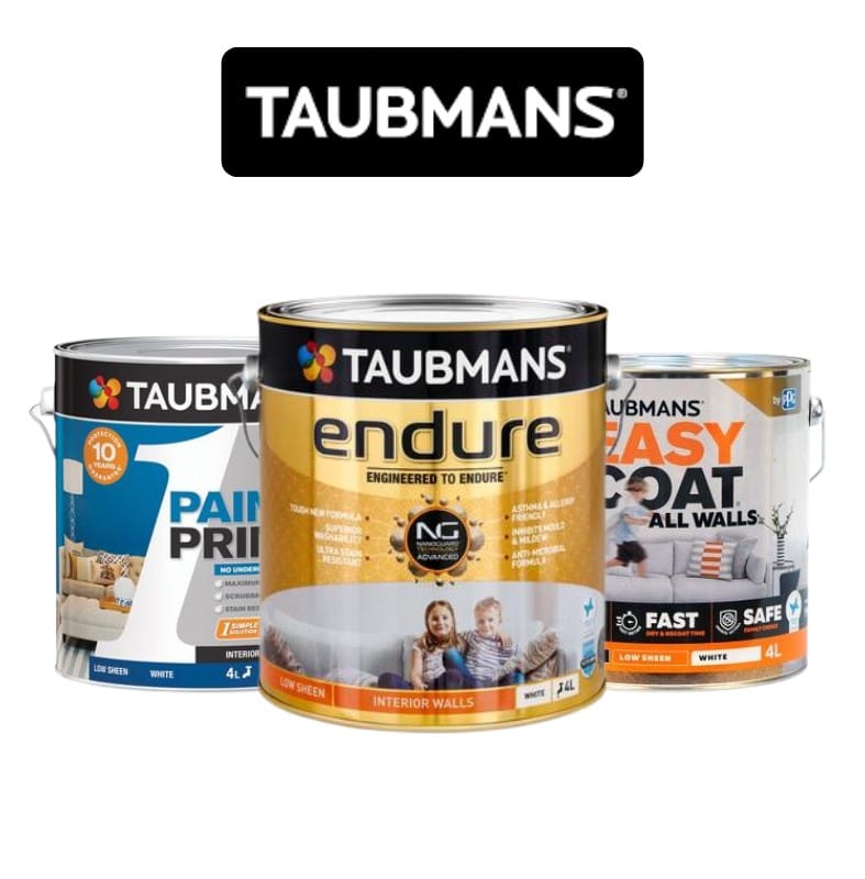 Taubmans interior paint collection featuring Endure, Easycoat, and 3-in-1 Paint + Primer, designed for durability and easy application.
