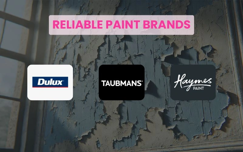 Best Paint Types to Resist Cracking in Extreme Summer Heat 3 Logos of Dulux, Taubmans, and Haymes Paint over a damaged wall, representing top Australian paint brands for extreme heat resistance.