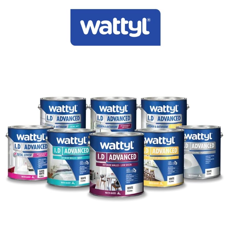 Wattyl I.D Advanced interior paint range including Low Sheen, Matt, Kitchen & Bathroom, Ceiling Flat, and Total Cover variants, displayed in rows.