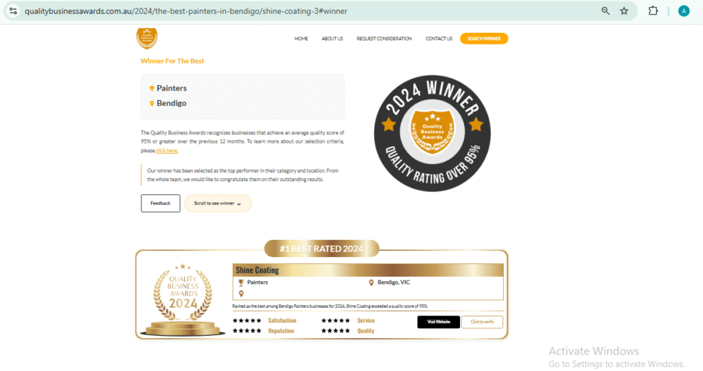 Shine Coating Awarded Best Painters & Waterproofing Experts in Bendigo – Quality Business Awards 2024 4 Official 2024 Quality Business Awards page showing Shine Coating as the best painters in Bendigo with a 95%+ quality score.