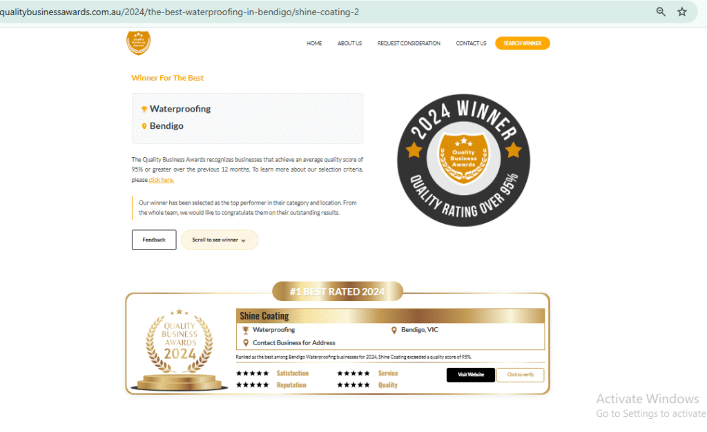 Shine Coating Awarded Best Painters & Waterproofing Experts in Bendigo – Quality Business Awards 2024 5 Shine Coating recognized as the best waterproofing company in Bendigo for 2024 by the Quality Business Awards, scoring over 95%.