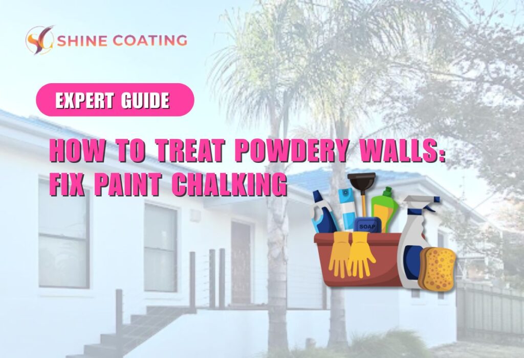 How to Treat Powdery Walls: Fix Paint Chalking 1 Illustrated cleaning tools and products in a basket overlaid on a white-painted house, representing how to treat powdery walls and fix paint chalking.