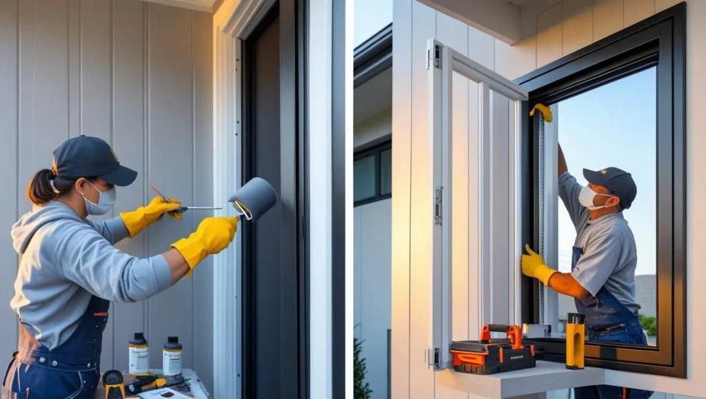 A person wearing gloves applies a smooth coat of matte black paint to an aluminum door using a small roller. Another worker, using a toolkit and level, carefully lifts a new aluminum door frame into position, replacing an older one. 