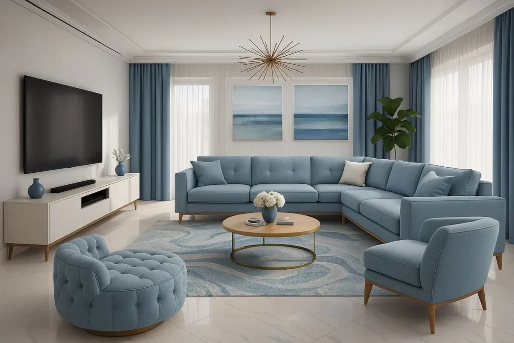 A living room featuring blue furniture and a television, showcasing trends from the Ultimate Guide to Interior Paint Color Trends 2025