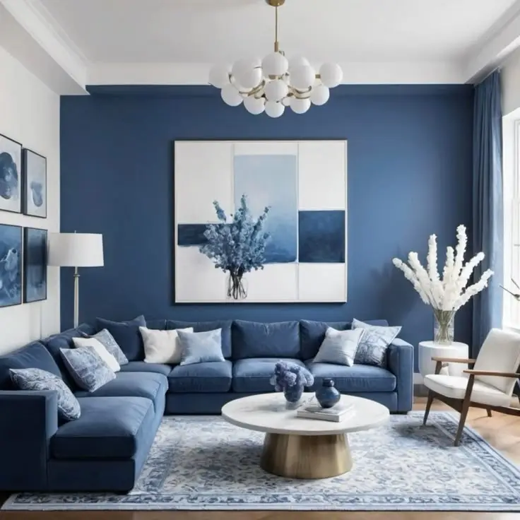 A blue living room with a white sofa and blue armchairs, decorated in natural shades of green and blue.