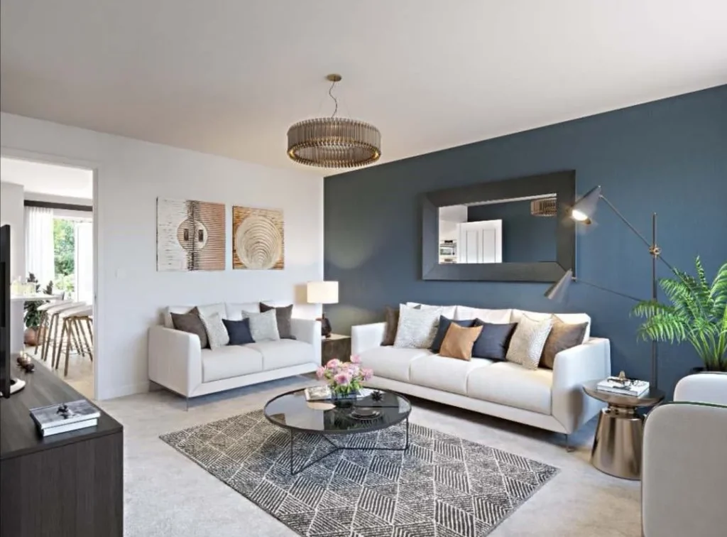 Stylish living room with blue walls and white furniture, reflecting the latest paint color trends for 2025