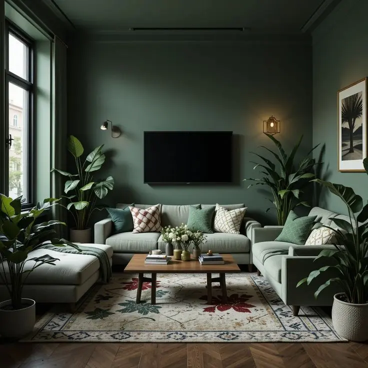 Interior view of a living room with green walls and a large television, highlighting 2025 paint color trends