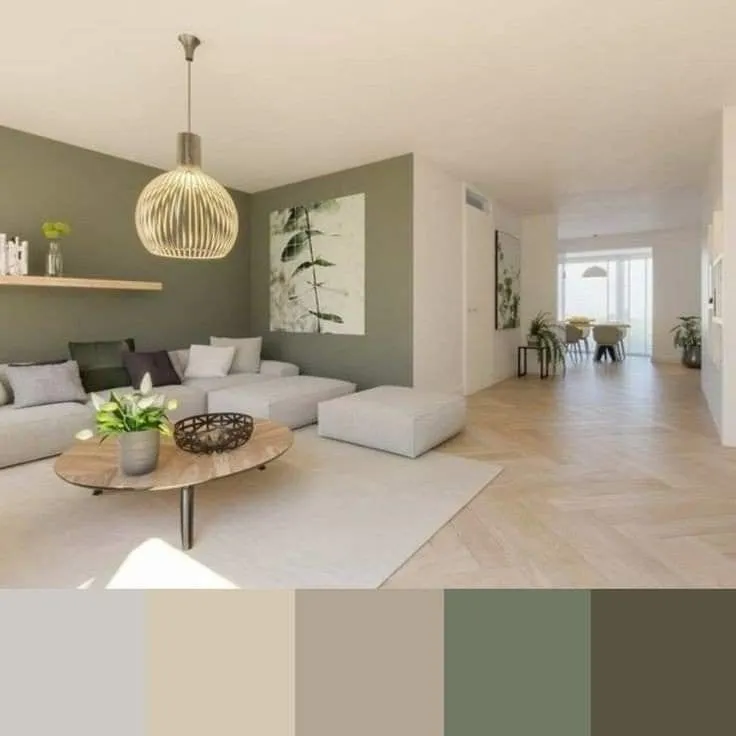 A modern living room painted in a warm greige with a plush cream sofa , showcasing a 2025 interior paint colour trend