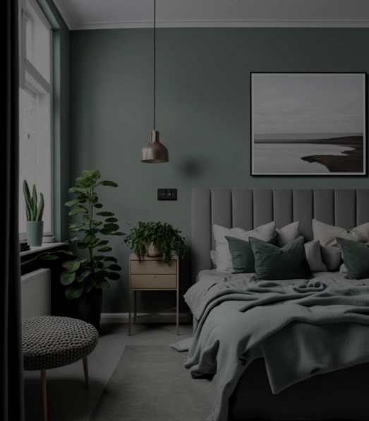 A color palette showcasing various shades for a bedroom, highlighting 2025 interior paint color trends