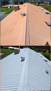 A before-and-after collage showing a faded tan metal roof transformed into a bright white finish as part of professional roof painting and repair services in Bendigo.