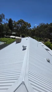 A freshly painted white metal roof reflecting sunlight after receiving professional roof painting and repair services in Bendigo, showcasing a clean and renewed appearance.