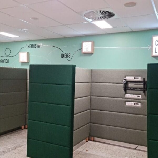 Modern office workspace with green and gray partitions creating individual workstations, light green walls with words "COLLABORATION," "CHEMISTRY," and "IDEAS" connected by lines and arrows.