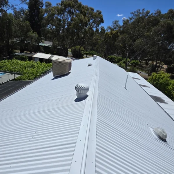 A freshly painted white metal roof reflecting sunlight after receiving professional roof painting and repair services in Bendigo, showcasing a clean and renewed appearance.